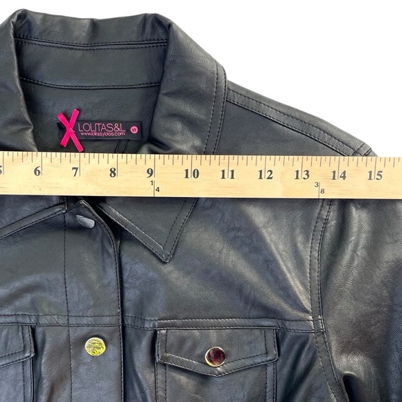 Lolitas&Lolos Black Cropped Leatherette Jacket S Feathers Snap Button Cute Goth - Picture 13 of 16